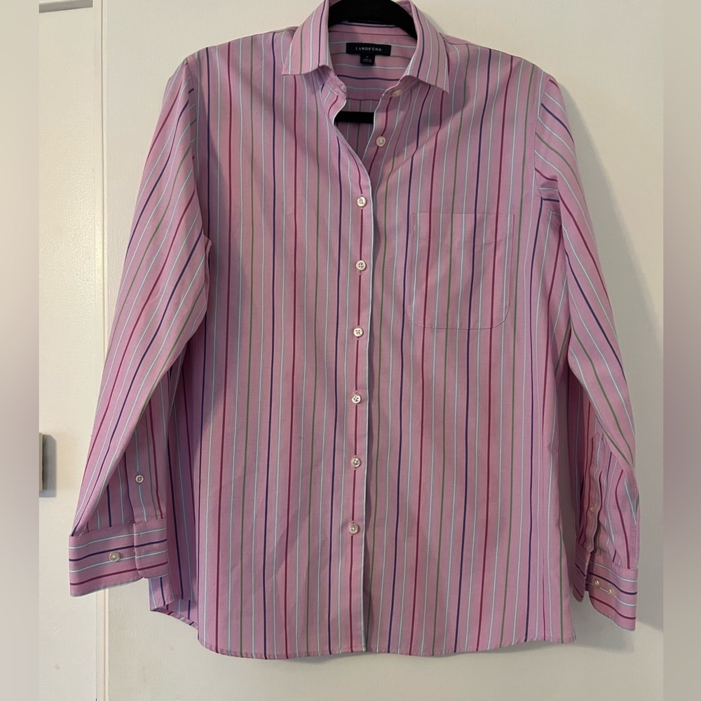 Lands' End Women's Pink Striped Button Down Shirt size 10 100% cotton
